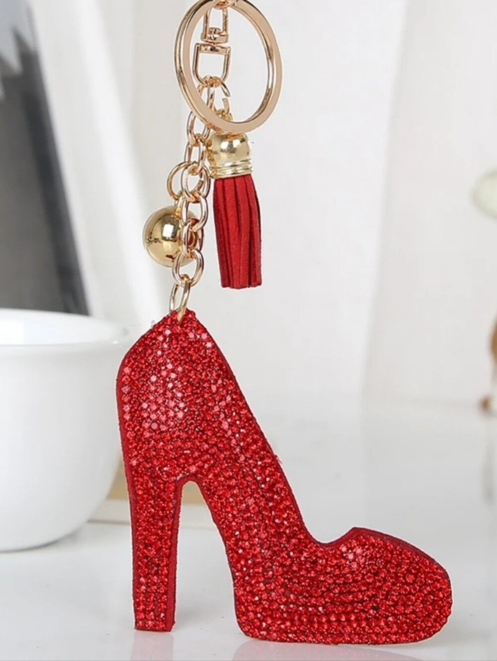 Bling Red High Heel Crystal Rhinestone Keychain Bag Charm With Red Tassel